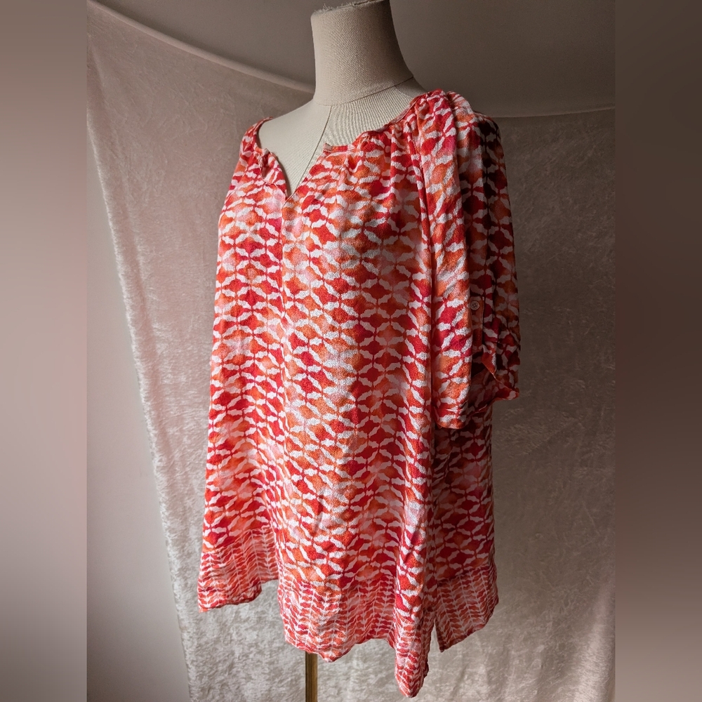 J Jill Blood Orange Boho Half Sleeve Rolled  Abstract Geometric Sheer